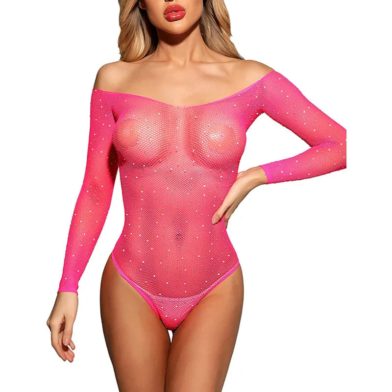 Sparkle Sheer Rhinestone High-Cut Long Sleeve Bodysuit on model, highlighting its high-cut design and rhinestone details for an elegant, alluring look.