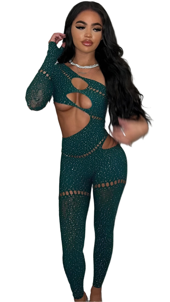 Woman modeling Sexy Cut Out Off Shoulder Glitz Bodystocking, showcasing its stylish design and fit, emphasizing fashion-forward clothing suitable for various occasions.