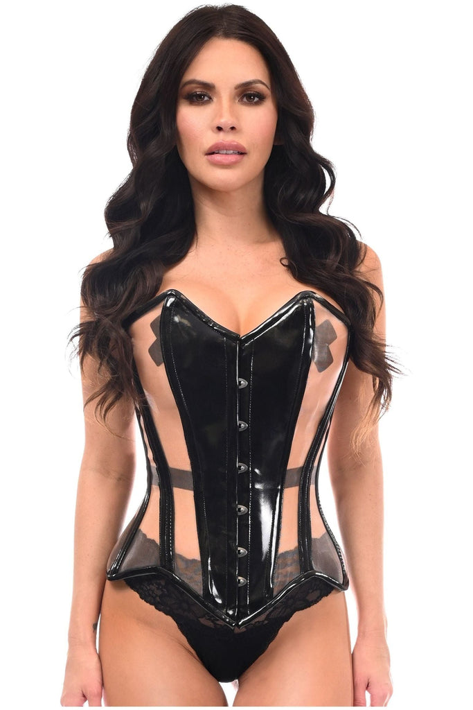 Woman modeling the Fabulous Black Patent & Nude Steel Boned Corset Delight, showcasing its overbust design and lace-up back for a curvy silhouette.