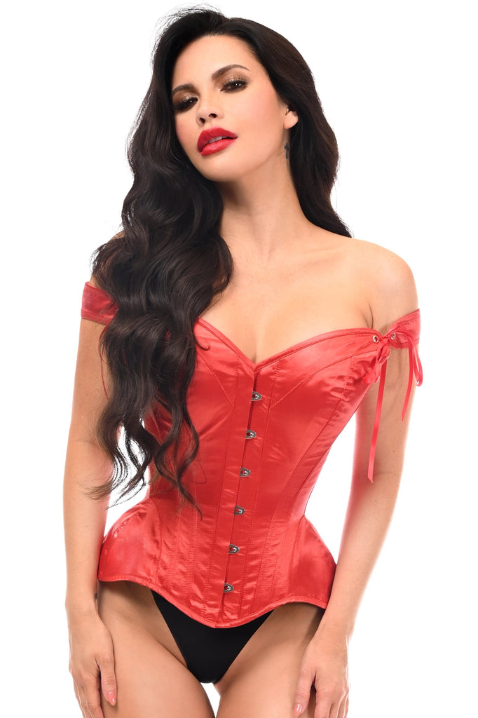 Woman modeling a Pin-Up Style Red Satin Overbust Corset with Straps, featuring front busk closure, sweetheart neckline, and ribbon lace-up back for cinching.