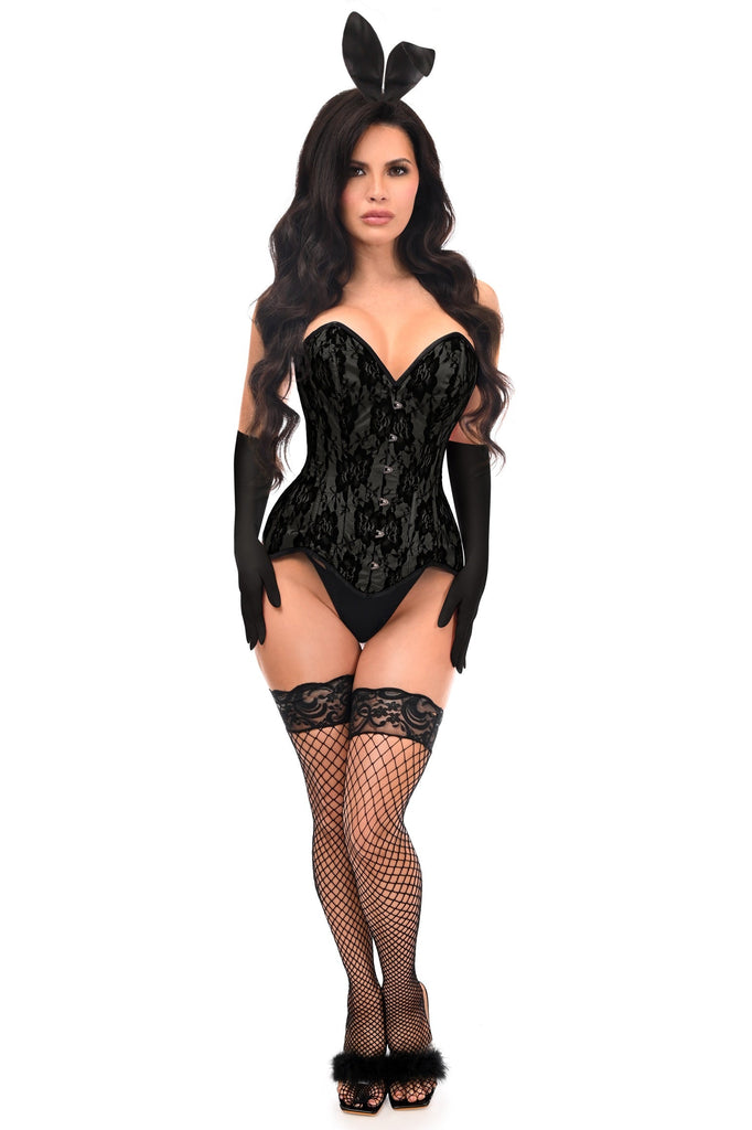 Sexy 4 PC Premium Black Playboy Bunny Costume featuring a black corset, fishnet stockings, black gloves, and satin bunny ears, showcasing a seductive silhouette.