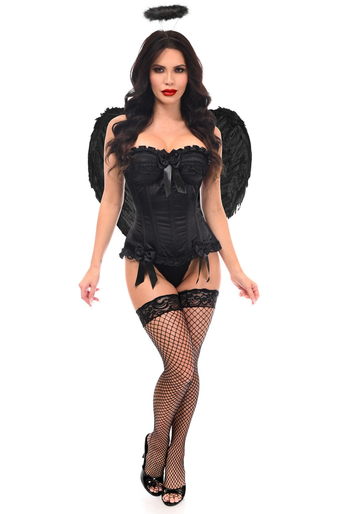 Woman modeling the Exclusive 3 PC Burlesque Satin Corset Black Angel Costume, featuring a black corset, fishnet stockings, and black angel wings.