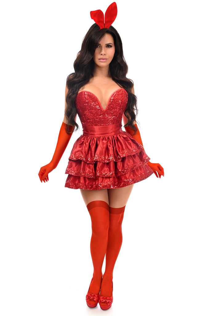 Fabulous 5 PC Red Sequin Playmate Bunny Corset Costume featuring a sequin corset, layered skirt, bunny ears, gloves, and high-heeled shoes.