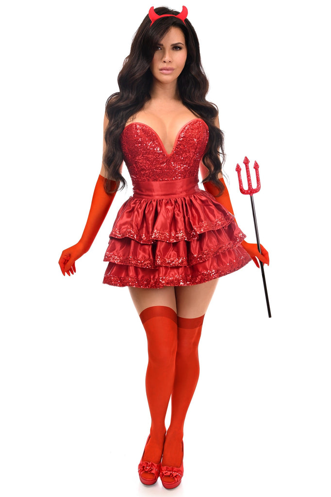 Woman wearing Glamorous 4 PC Corset Devil Costume with sequin skirt, steel-boned corset, red satin gloves, and devil accessories, including horns and pitchfork.