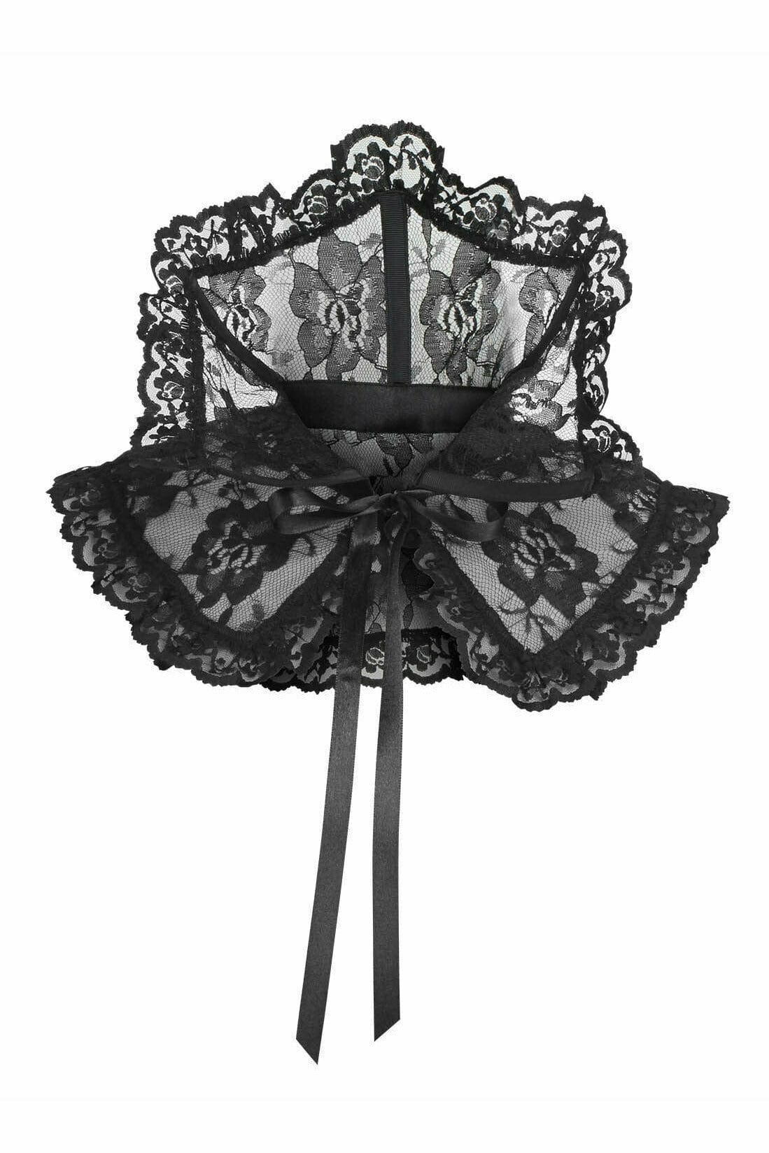 Black Lace Neck Collar featuring intricate lace design with a central bow and neck tie straps, offering a boned structure for stylish wear.