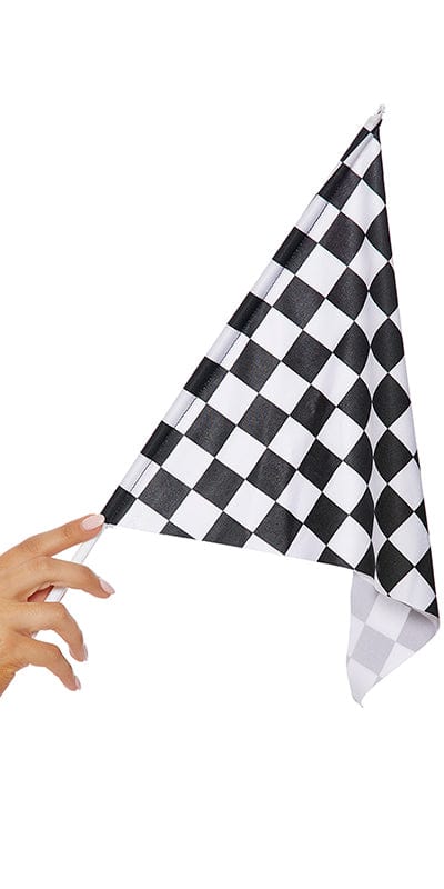 Hand holding the Checkered Racer Flag, highlighting its sturdy, lightweight fabric; a perfect addition for completing a racer-themed costume.