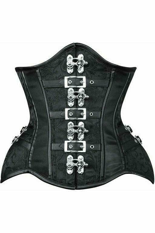 Deluxe Black Brocade Steel Boned Underbust Corset with Buckles, featuring metal clasps, spiral steel bones, and back lacing for cinching.