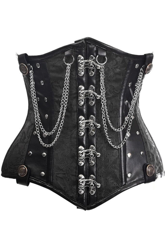 Deluxe Black Brocade Steel Boned Underbust Corset with chains, featuring premium front clasps, spiral steel bones, and nickel brass grommets for cinching.