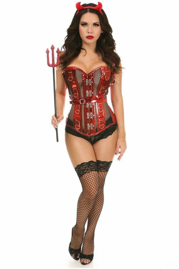 A woman models the Deluxe Four Piece Sexy Devil Corset Costume, featuring a red corset, black stockings, devil horns, and harness with wings, holding a pitchfork.