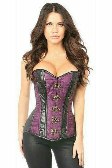 Woman modeling Deluxe Plum Brocade & Faux Leather Steel Boned Corset, featuring intricate design, metal clasp closure, and supportive boning for a structured fit.