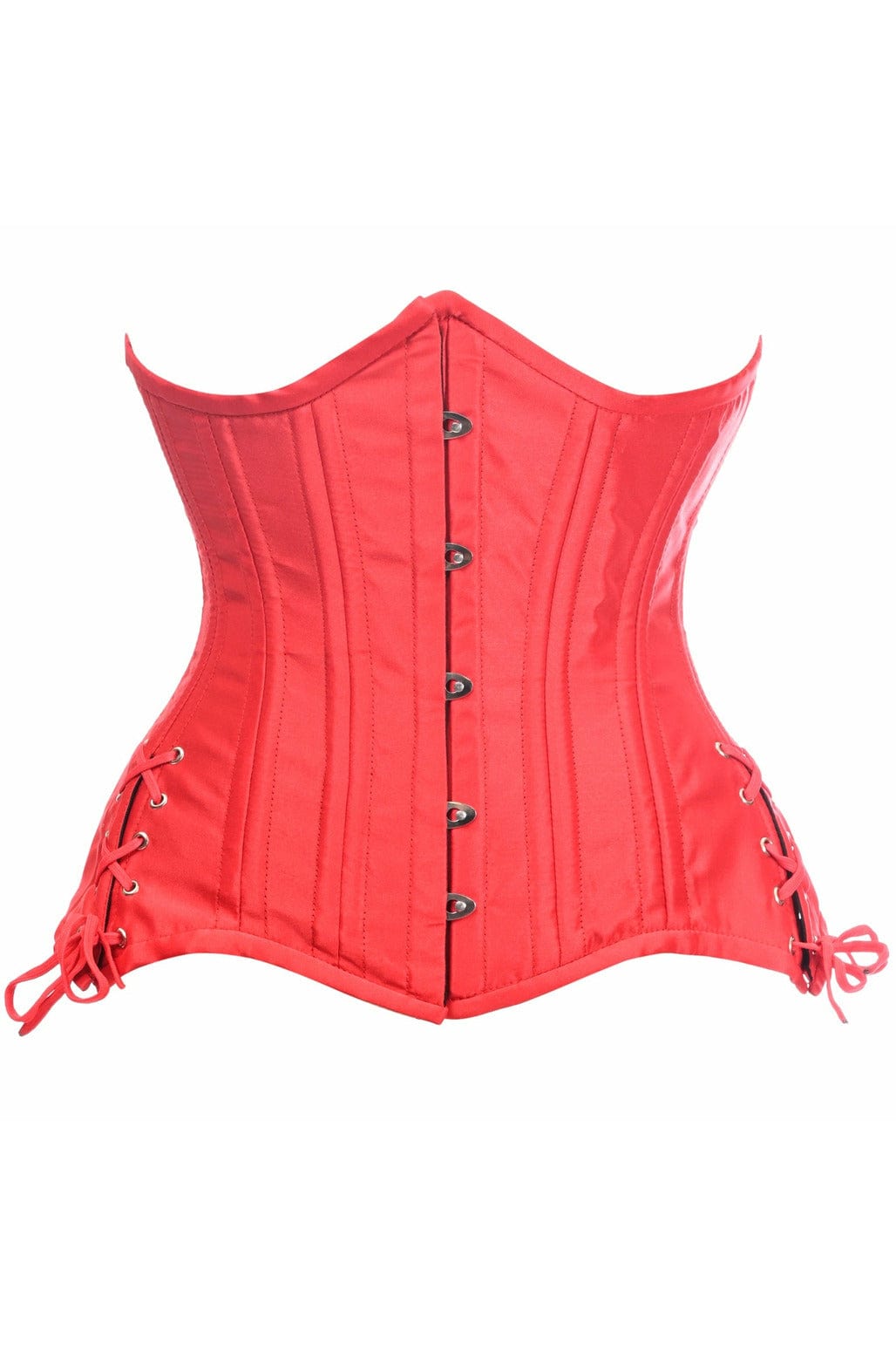 Deluxe Red Satin Double Steel Boned Curvy Cut Waist Cincher Corset with lace-up sides, featuring front busk closure and intricate lacing for adjustable fit.