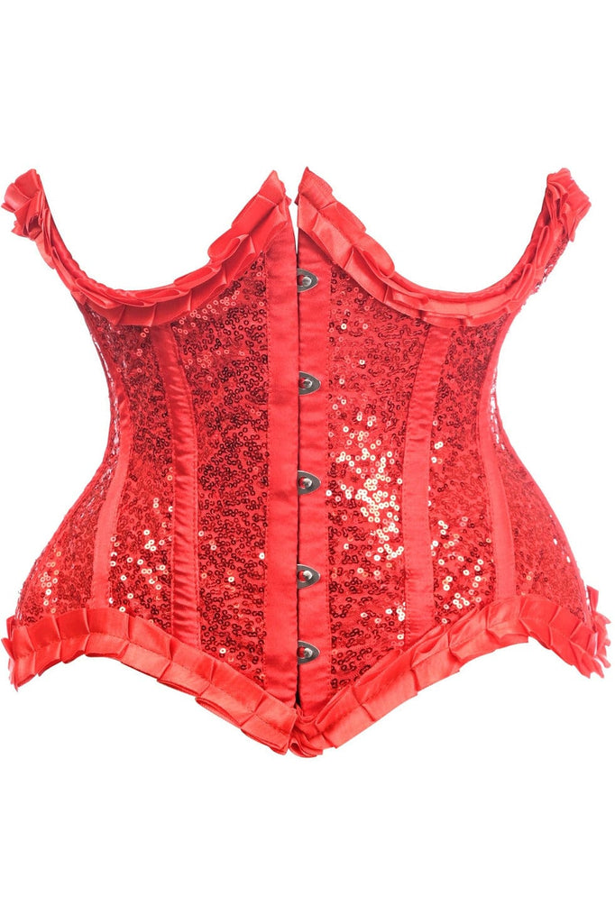 Deluxe Red Satin & Sequin Underwire Curvy Cut Steel Boned Waist Cincher Corset featuring front busk closure, visible buttons, and back laces for cinching.