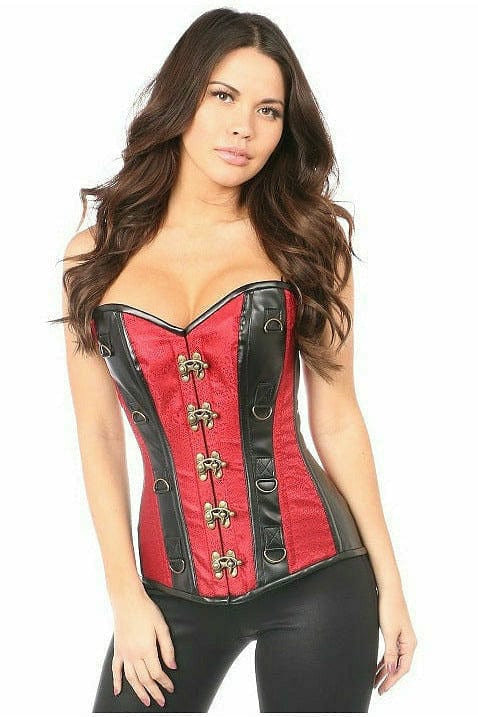 Woman modeling Deluxe Wine Brocade & Faux Leather Steel Boned Corset featuring premium metal clasp closure and supportive steel bones for structured fit.