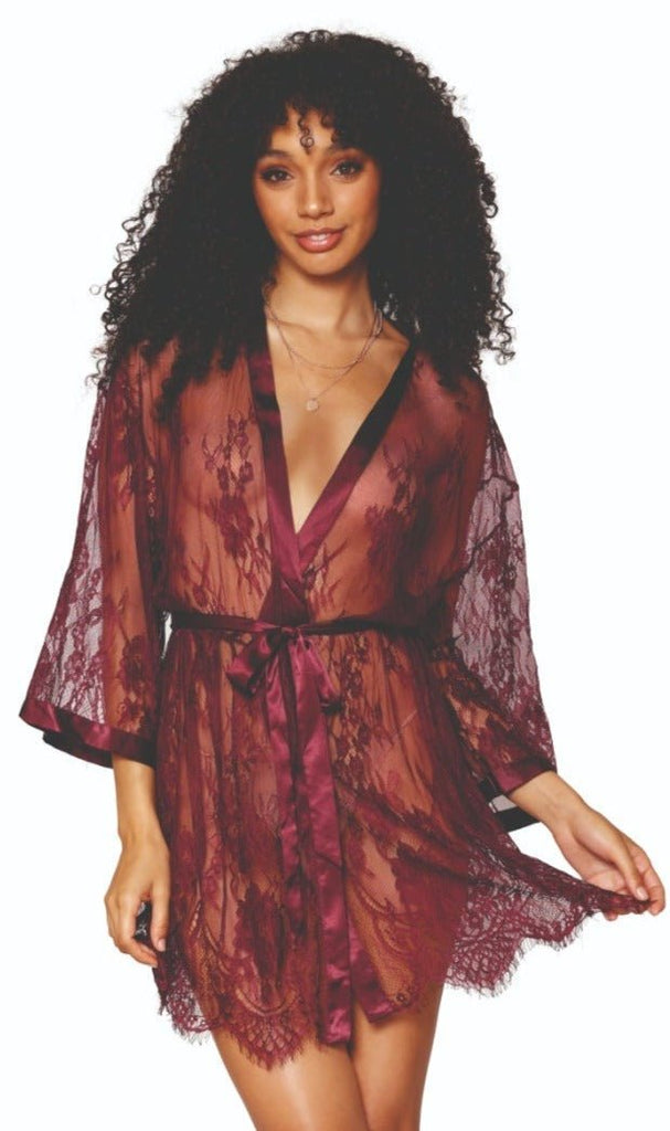 Woman modeling the Elegant Eyelash Lace Robe with Scalloped Border, featuring satin banding and an attached belt, showcasing its sophisticated design.