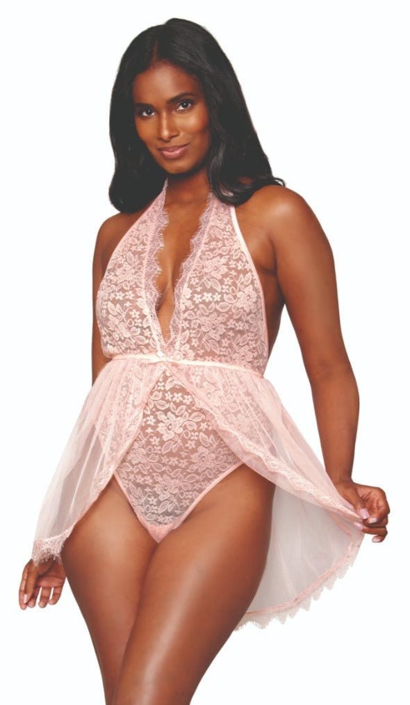 Woman modeling Exclusive Plunge Lace Teddy with flyaway skirt, featuring halter plunge front, stretch and eyelash lace trim, and organza ribbon tie.