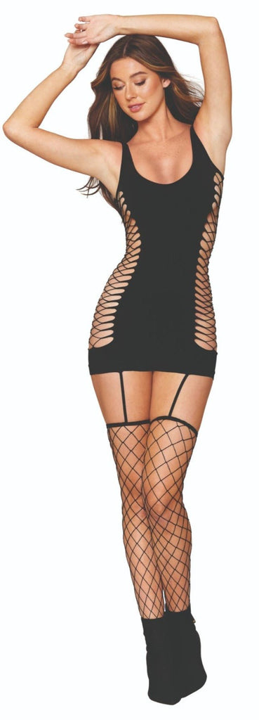 Woman wearing Fence Net Lingerie Mini Dress with Garters, featuring opaque garter details and playful fence-net design, paired with attached thigh-highs. G-string not included.