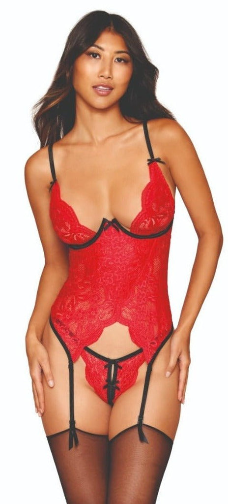 Woman modeling Festive Red Lace Cami Garter Set with scalloped lace and underwire open cups, paired with matching open-crotch G-string. Stockings not included.