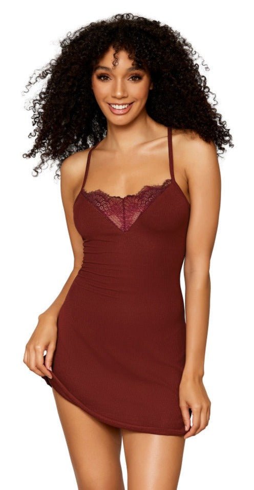 Lace Inset Detail Burgundy Sleepwear Chemise Musotica.com