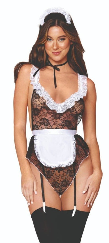 Lace Maid Teddy Costume with High-Cut Flutter Leg, featuring a playful apron bodice, adjustable crisscross straps, attached garters, and a separate apron.