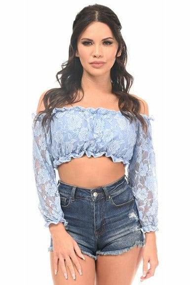 Woman wearing a Light Blue Lined Lace Long Sleeve Peasant Top with sheer sleeves and fully lined bodice, modeling in a casual pose.