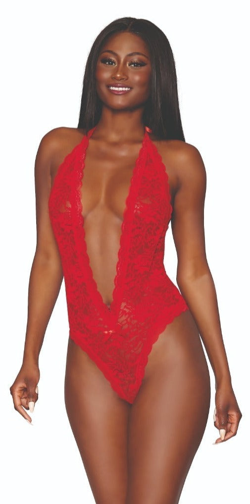 Woman modeling the Passionate Heart Back Cut-Out Teddy with plunging neckline and heart-shaped back cutout, showcasing its seductive stretch lace design.