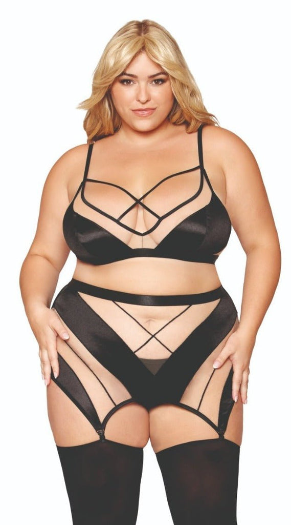 Woman modeling Plus Size Fashion Sheer Panel Garter Skirt Lingerie, featuring a foam cup bralette, sheer panel garter skirt, and matching G-string, emphasizing confident and sexy allure.