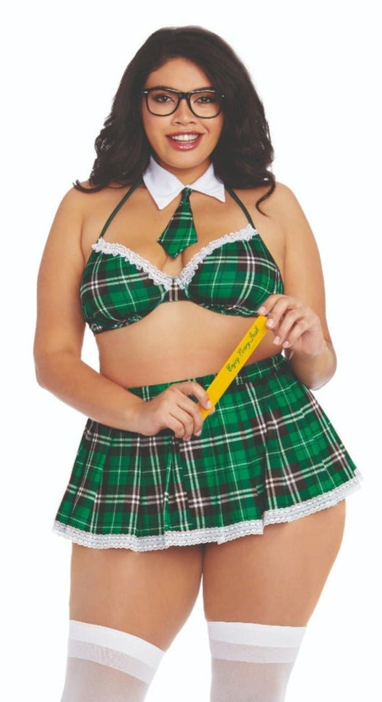 Woman wearing Plus Size Green Plaid Student Charm Costume Set, featuring a halter bra with underwire and pleated mini skirt, embodying a schoolgirl theme.