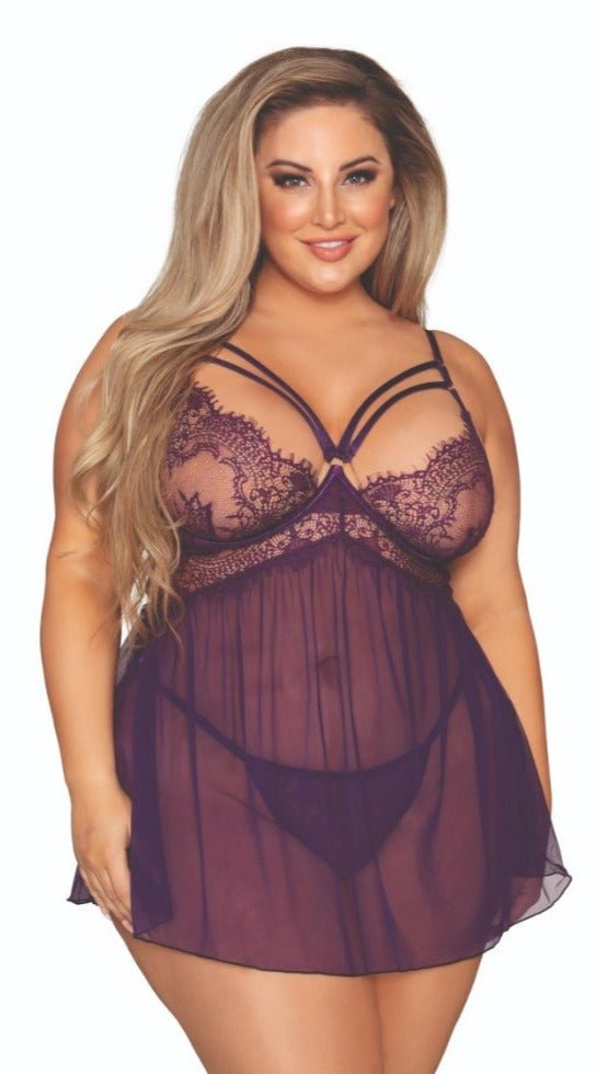 Pretty Plum Plus Size Eyelash Lace Babydoll Musotica.com