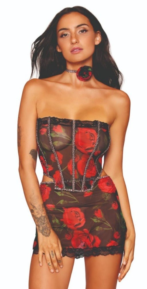 Rose Print Stretch Mesh Bustier and Mini Skirt Musotica.com