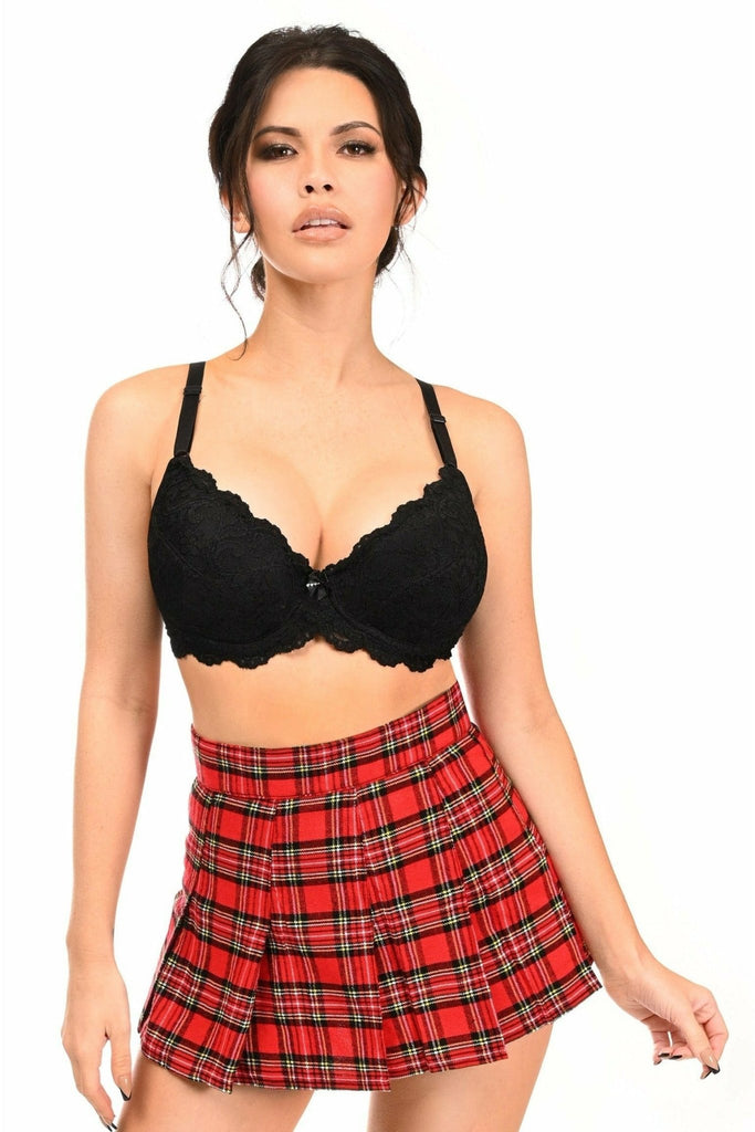 Woman wearing a black top with the School Girl Red Plaid Mini Skirt, showcasing its pleated design and secure zipper closure.