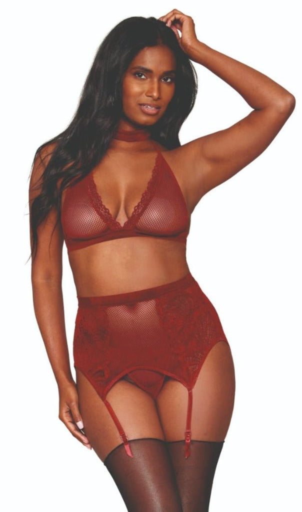 Seductive Velvet Trim Bralette & Garter Set featuring a halter bralette, garter belt, and fishnet G-string, modeled by a woman.