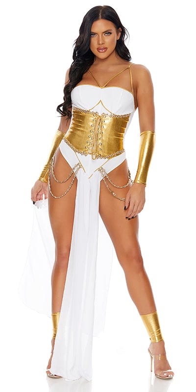 Woman modeling the Sexy Artemis Goddess Halloween Costume, featuring a white and gold harness bodysuit with corset detail, drapes, gauntlets, and ankle wrap accessories.