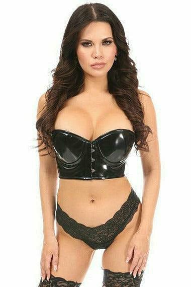 Woman modeling the Sexy Black Patent PVC Underwire Short Bustier, featuring front busk closure, built-in molded cups, and satin ribbon lacing at the back.