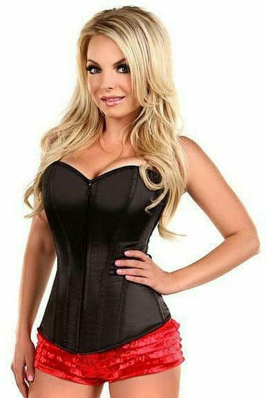 Woman modeling a Sexy Black Sweetheart Front Zipper Corset with visible front zipper and lacing at the back for cinching, showcasing a stylish satin design.