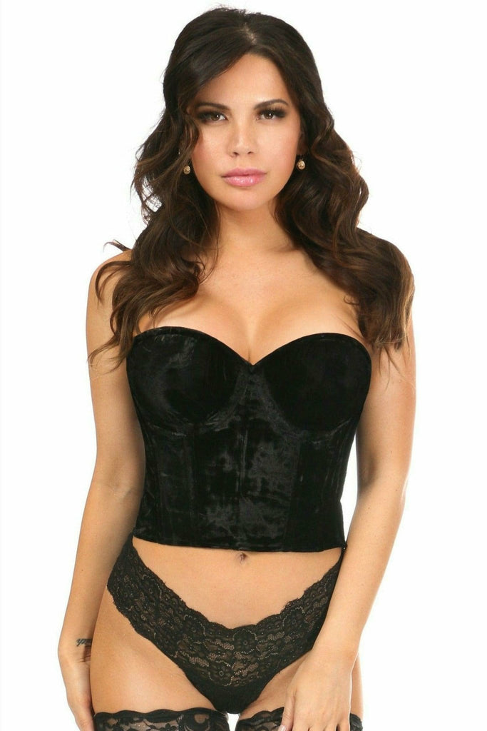 Sexy Black Velvet Underwire Bustier on model, featuring molded cups, side zipper, adjustable straps, and back lacing with grommets and satin ribbon.