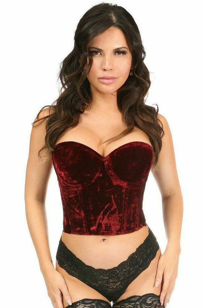 Sexy Dark Red Crushed Velvet Underwire Bustier on a model, featuring molded cups, side zipper, removable straps, and back lacing with grommets.