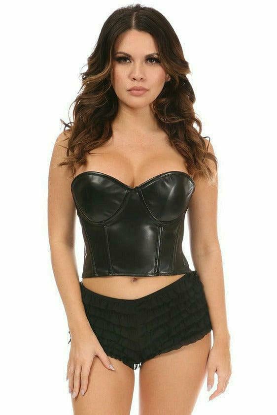 Woman modeling the Sexy Faux Leather Underwire Bustier with molded cups, side zipper, adjustable straps, and back lacing detail. Top only, no skirt included.