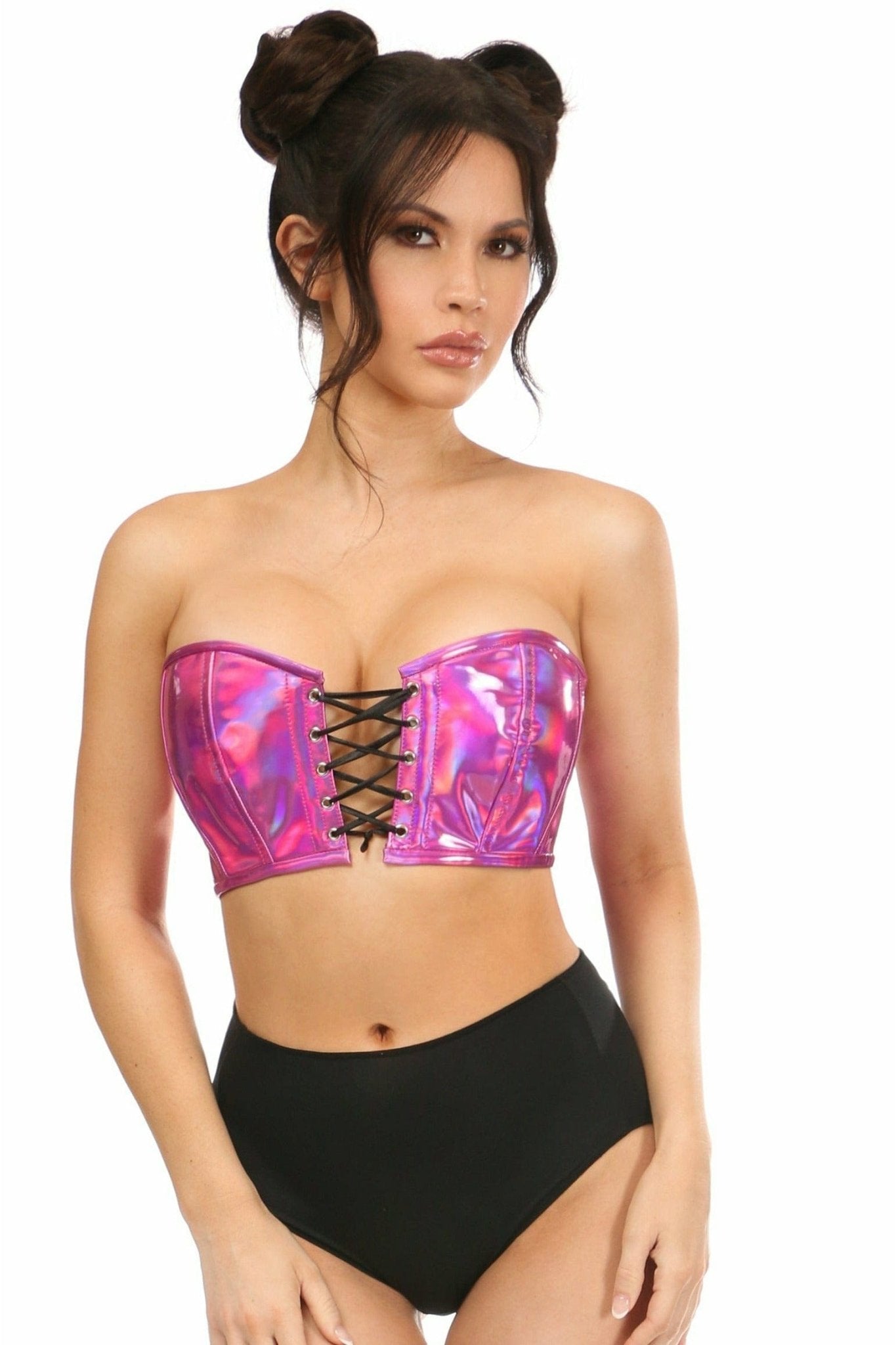 Sexy Fuchsia Holo Lace-Up Bustier Top featuring front lace-up, back zipper, and adjustable straps, showcased by a model in a photo shoot setting.