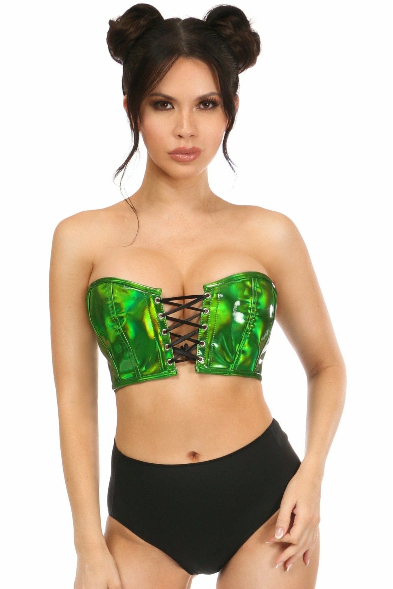 Sexy Green Holo Lace-Up Bustier Top displayed on a model, featuring front lace-up, back zipper, and adjustable straps, highlighting its shiny corset design.