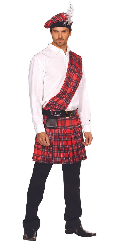 Man modeling the Sexy Hot Scottie Men's Costume, featuring a red and black tartan kilt, matching hat, belt with bag, and sock garters.