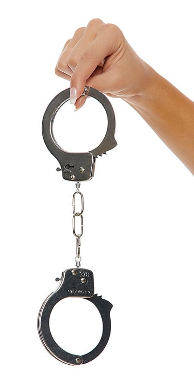 A hand holding the Sexy Metal Handcuffs, showcasing their durable stainless steel construction, ideal for roleplaying or costume use.