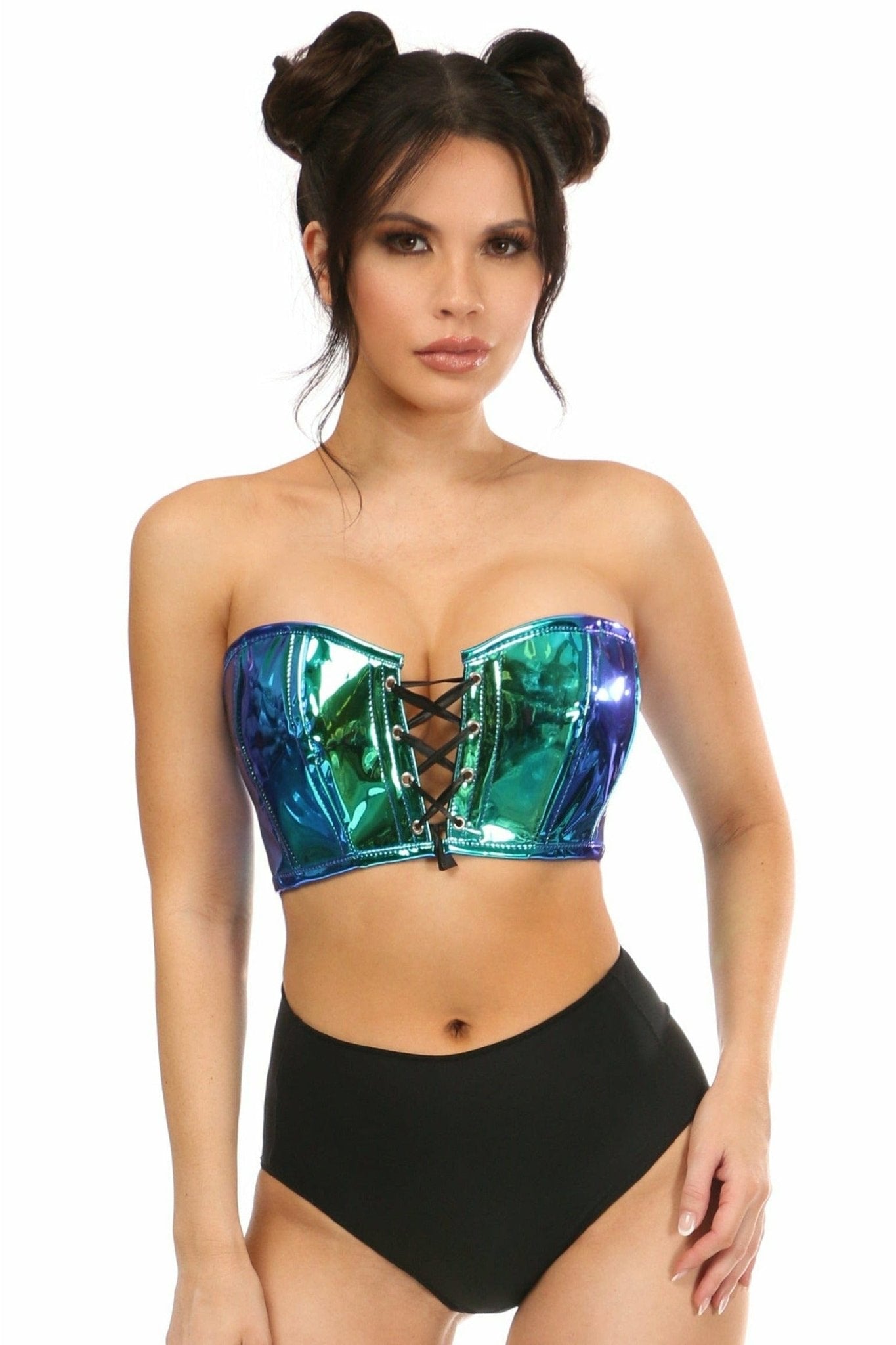 Woman modeling Sexy Teal With Blue Holo Lace-Up Short Bustier Top featuring front lace-up, back zipper, and adjustable straps, highlighting the corset's shiny finish.