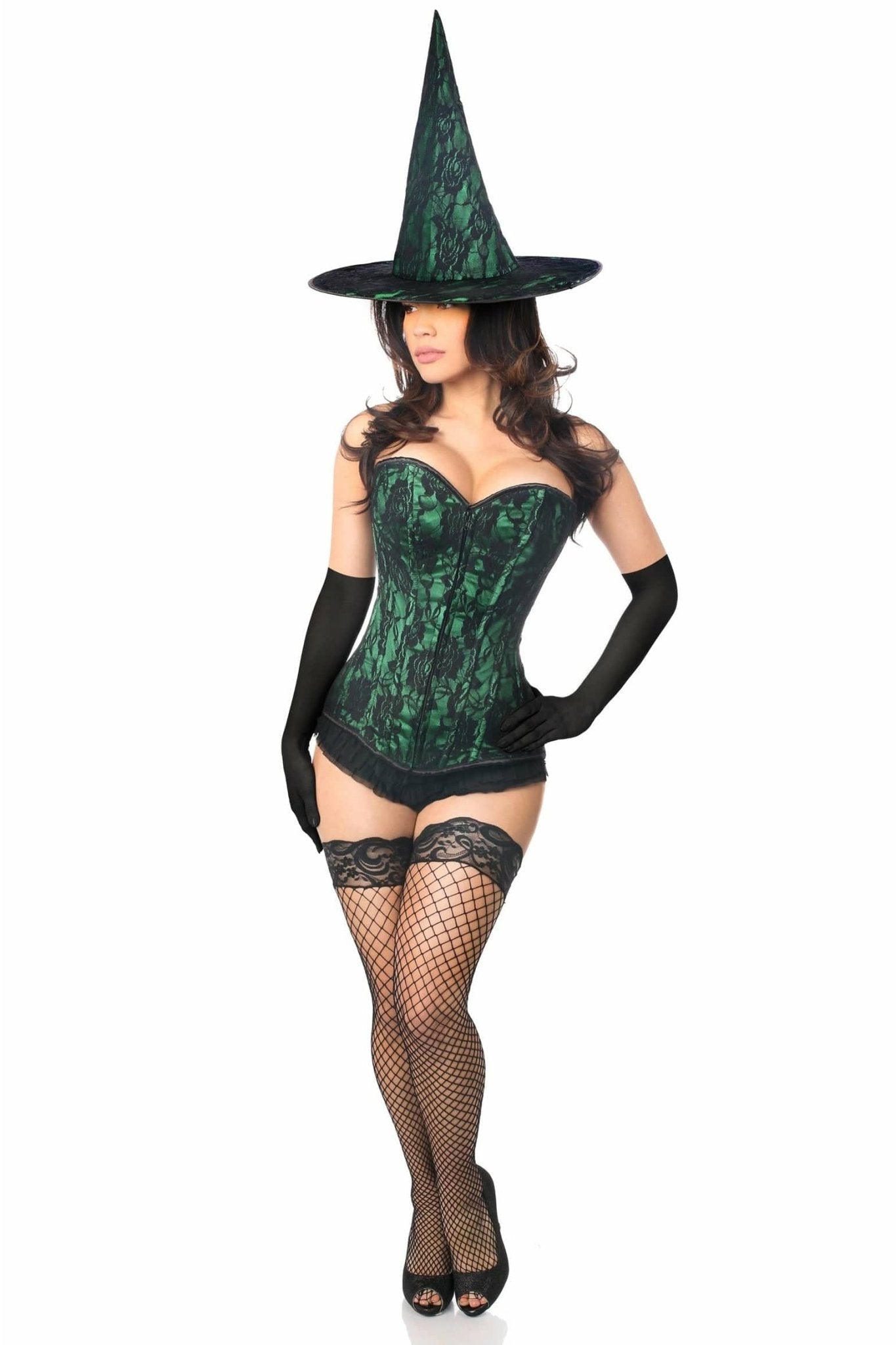 Sexy Three Piece Spellbound Green Lace Witch Corset Costume featuring a satin corset with lace overlay, lace witch hat, and black gloves, worn by a woman.