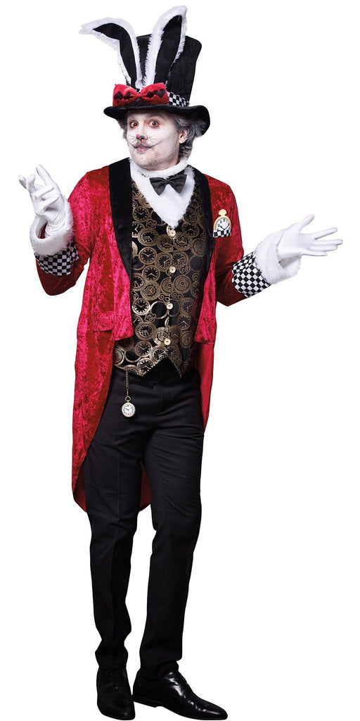 Man wearing Sexy White Rabbit Men's Costume with a red velvet jacket, checkered vest, satin bow tie, and top hat with rabbit ears. Pocket watch detail visible.