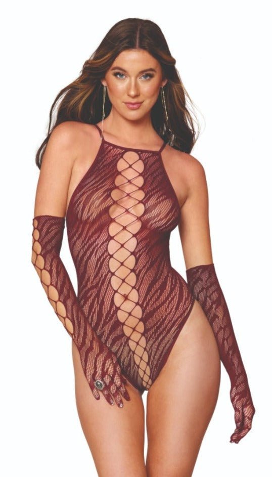 Sexy Zebra Print Fishnet Teddy Set with Gloves featuring seamless design, high neck, crisscross details, and adjustable straps, modeled by a woman in a red leotard.