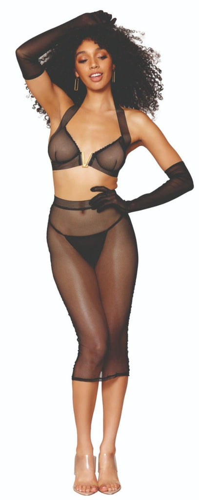 Sheer Stretch Fishnet Fantasy Bra and Skirt Set featuring a woman modeling black lingerie with gloves, showcasing the underwire halter bra and slip skirt details.