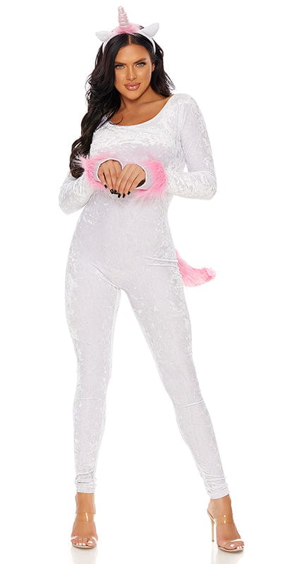 Woman wearing Shine Bright Unicorn Halloween Costume, featuring a white velvet jumpsuit with pink faux fur wrist details and a matching unicorn horn headband.