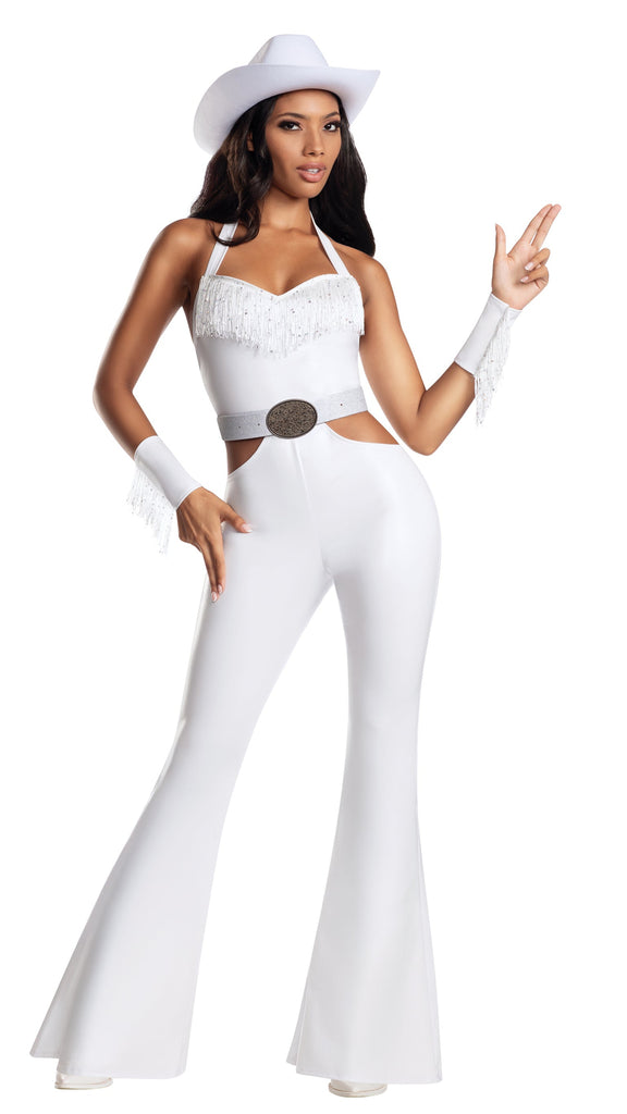 Woman wears Sexy Queen Bey White Western Cowgirl Icon Costume, featuring a white garment with a hat, silver-buckled belt, and fringed wristband.