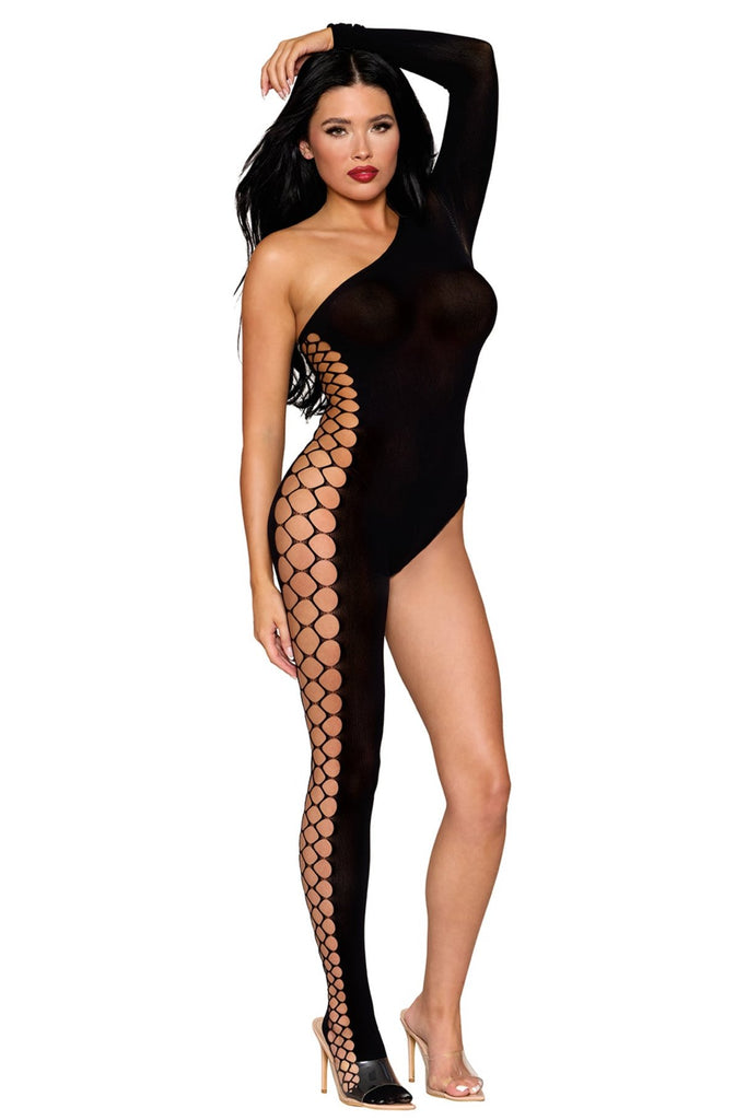 Woman in One Leg Bodystocking with Side Cut Out, featuring semi-sheer fabric and laser cut fence net details, modeling the bold, playful design.