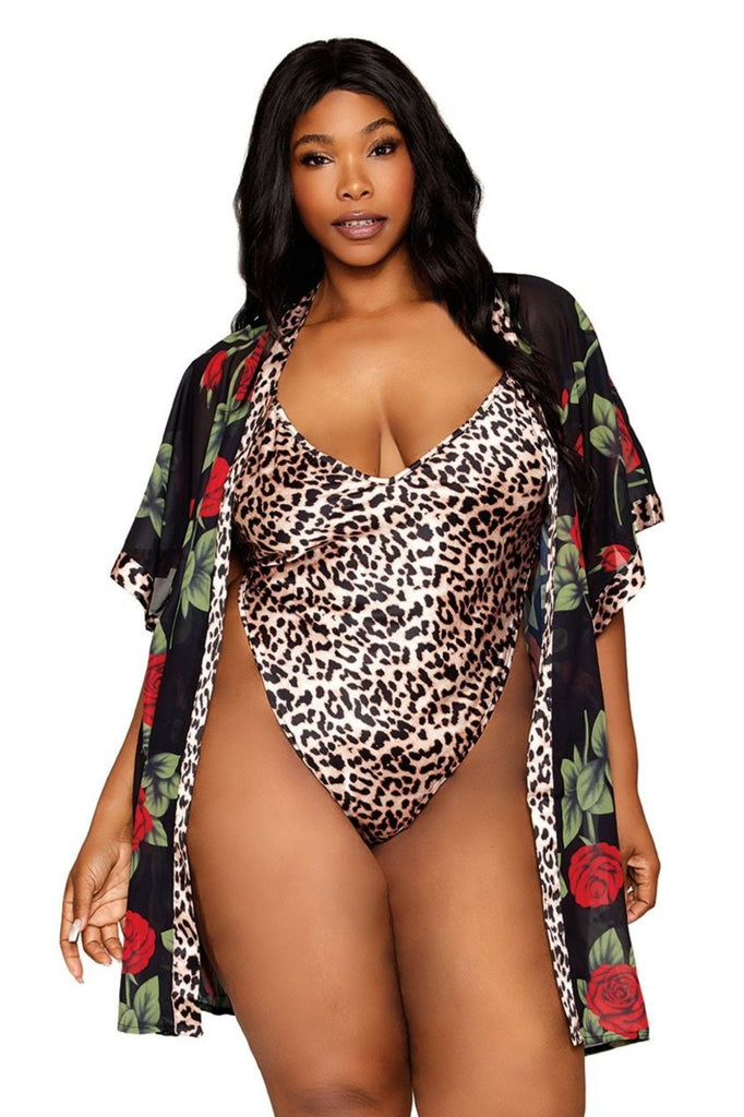 Plus Size Rose Print Chiffon Robe & Teddy Set featuring a woman in a leopard print satin teddy with open back and adjustable straps.